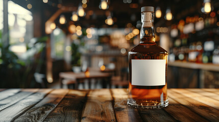 Obraz premium mockup transparent whiskey bottle on wooden table, bottle with blank white label, cafe table background with slight blur, Ai Generated Images