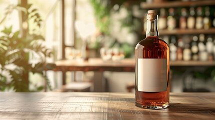 mockup transparent whiskey bottle on wooden table, bottle with blank white label, cafe table background with slight blur, Ai Generated Images