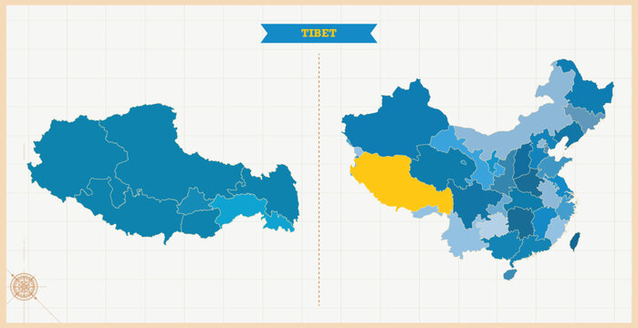 A Map highlighting Tibet in the China Map, Tibet and China modern map with Colorful Hi detailed Vector, geographical borders