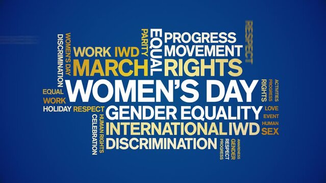 international Women's Day animated word cloud;text design animation tag kinetic typography seamless loop.