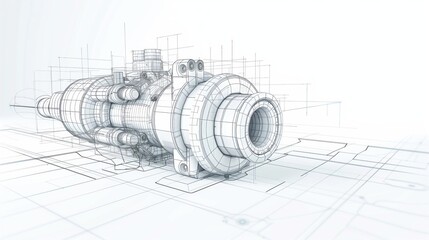 Technical 3D Engineering Blueprint of Mechanical Turbine Component Showing Detailed Wireframe Design