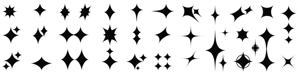 Set of Sparkles Stars. y2k star, bling abstract tattoo shapes. sunburst and starburst. minimal geometric signs in retro 2000s style.