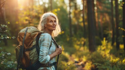 Smiling Senior Woman Hiking in a Forest
