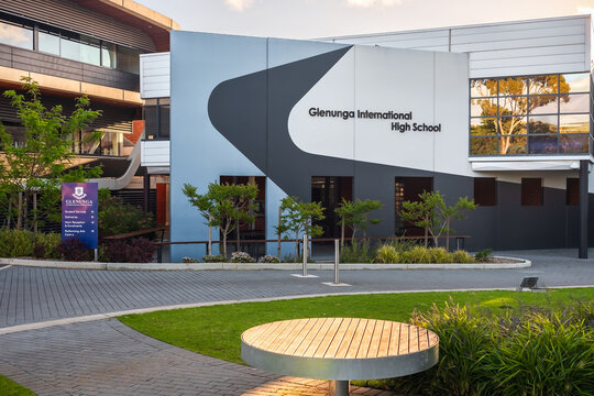 Adelaide, Australia - October 5, 2020: Glenunga International Public High School building viewed from school grounds at sunset