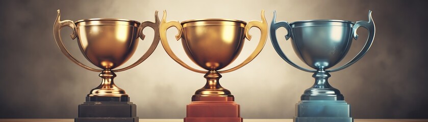 Trophy illustration with a mix of gold, silver, and bronze cups, designed in a realistic and shiny style, suitable for competitive event materials