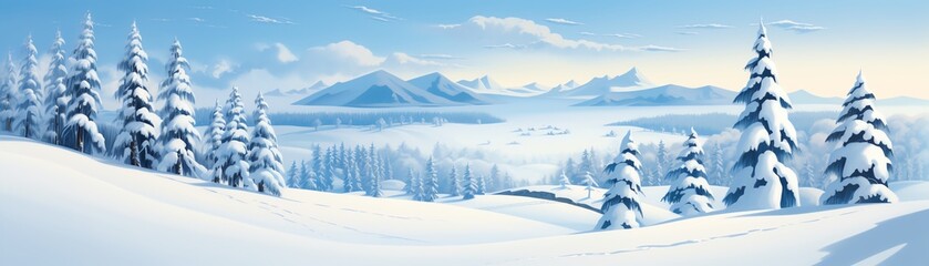 Snowy landscape scene with detailed snowcovered trees and hills, ideal for winter illustrations and seasonal greeting cards