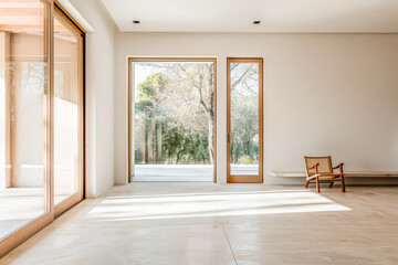 Minimalist interiors composition in warm tones with minimal furniture and window lighting. Luxury Real Estate interior design composition.