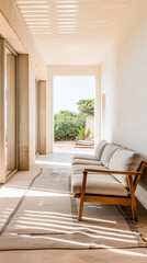 Obraz premium Minimalist interiors composition in warm tones with minimal furniture and window lighting. Luxury Real Estate interior design composition.
