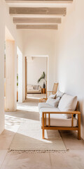 Minimalist interiors composition in warm tones with minimal furniture and window lighting. Luxury Real Estate interior design composition.