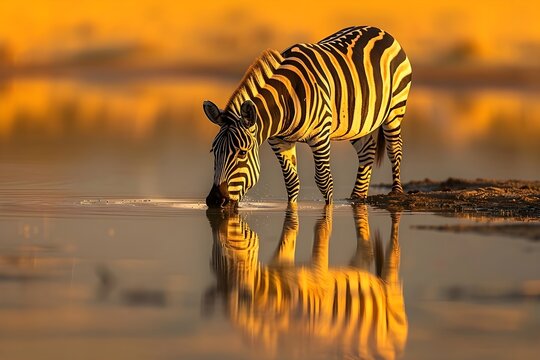 A plains zebra drinking water with its reflection in the savannah, detailed stripes, calm water surface, golden light, natural habitat, tranquil scene,
