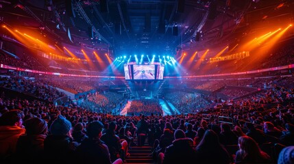 Colorful concert hall filled with crowd, vibrant stage lights, and large screens during a live music performance at night.