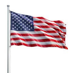 Fototapeta premium The United States flag waving on a flagpole, displaying the stars and stripes transparent background, PNG