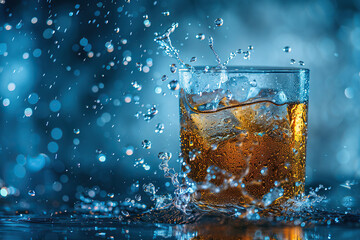 Close-Up of Whiskey Glasses with Ice Cubes Against a Dramatic Blue Background