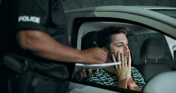 Car, ticket and man with police for traffic stop, frustrated or road violation. Anxiety, citation and person in vehicle with law enforcement writing receipt for speeding, reckless driving or stress