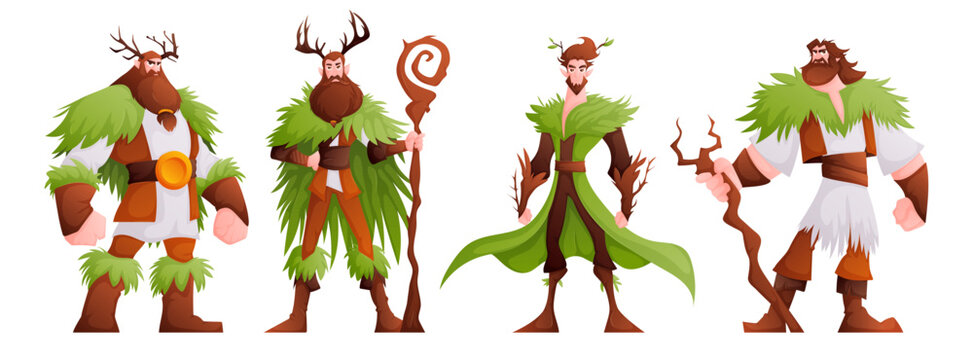 Illustration of fantasy druids wearing antler headpieces and holding staffs, perfect for role-playing games and fantasy storytelling.