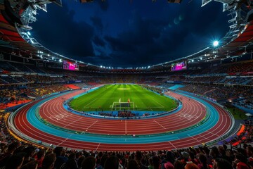 Stadium at night with empty track field illuminated by lights, surrounded by seating and dark sky creating an electrifying atmosphere.