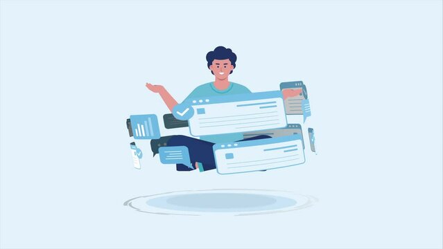 Floating man with multitasking abilities flat design animation
