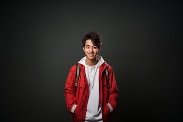 Fototapeta premium Portrait of a teenager wearing a red-white outfit on an isolated background with copy space