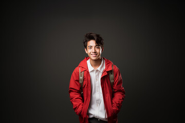 Fototapeta premium Portrait of a teenager wearing a red-white outfit on an isolated background with copy space