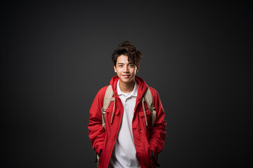 Fototapeta premium Portrait of a teenager wearing a red-white outfit on an isolated background with copy space
