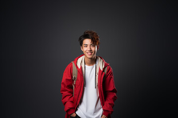 Fototapeta premium Portrait of a teenager wearing a red-white outfit on an isolated background with copy space