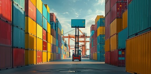 Fototapeta premium Forklift lifting an empty blue container from the top of a stacked pile in a busy industrial yard