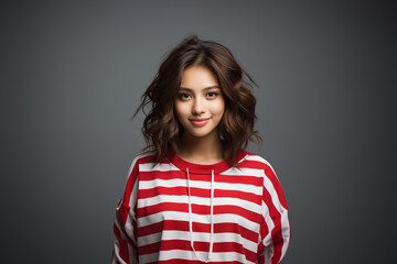 Fototapeta premium Portrait of a teenager wearing a red-white outfit on an isolated background with copy space