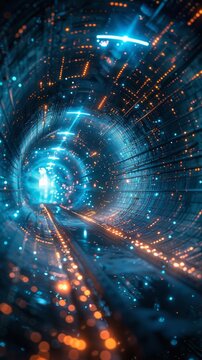 All are composed of digital English code space tunnel, digital code, blue tone, technological sense, futuristic sense, movie texture, high quality, 8K 