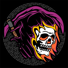 vector illustration tracing artwork of a grim reaper death calling invite to death with. Can be used as Logo, Brands, Mascots, tshirt, sticker,patch and Tattoo design.