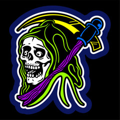 vector illustration tracing artwork of a grim reaper death calling invite to death with. Can be used as Logo, Brands, Mascots, tshirt, sticker,patch and Tattoo design.