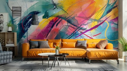 colorful modern art photo wallpaper background in the living room, 16:9