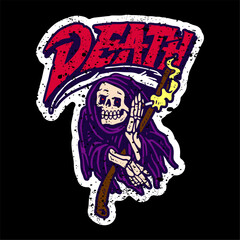 vector illustration tracing artwork of a grim reaper death calling invite to death with text effect lettering typography. Can be used as Logo, Brands, Mascots, tshirt, sticker,patch and Tattoo design.