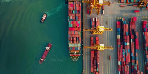 A large container ship docked at the port