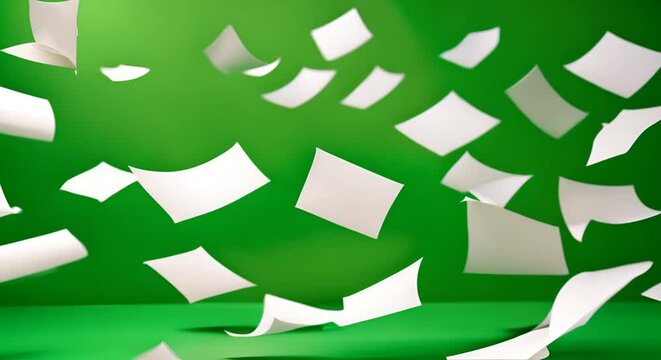 White falling page sheet paper floating isolated on green background.