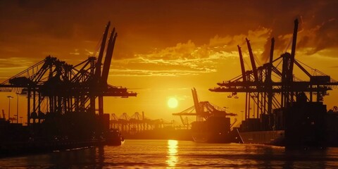 Fototapeta premium the sun setting behind silhouettes of cranes in the port