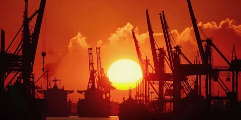 Obraz premium the sun setting behind silhouettes of cranes in the port