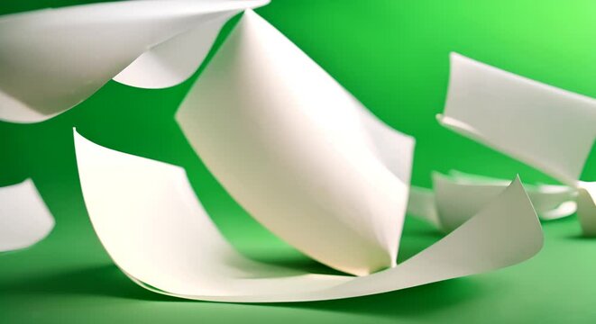 White falling page sheet paper floating isolated on green background.