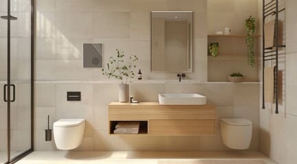 Fototapeta premium A tastefully decorated modern bathroom with a large mirror, toilet