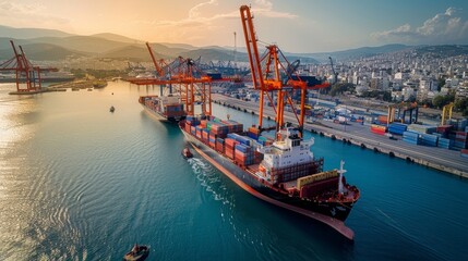 Obraz premium A large container ship docked at the port is being pulled in the style of an orange and black boat