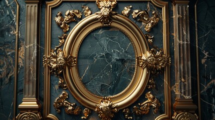 Luxurious Baroque Ornamental Frame with Intricate Gold Detailing on Elegant Marble Background, Perfect for Sophisticated and Classic Decor