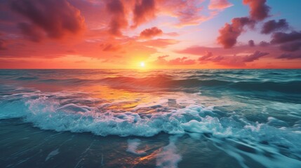Obraz premium breathtaking sunset over the ocean, with the colors of the sky blending seamlessly with the hues of the water, creating a mesmerizing spectacle of nature's artistry.