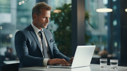 businessman in a modern office, using a sleek laptop, symbolizing his embrace of technology.