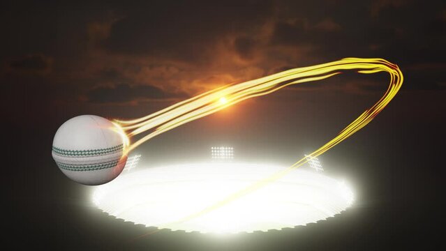 A cricket ball sport ball flying through the air with a flowing travelling trail of glowing wispy lights from a stadium  illuminated by an array of spotlights in the night time