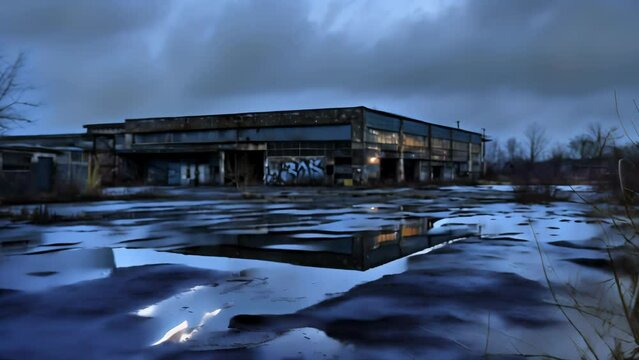 A desolate scene of an abandoned industrial warehouse under a cloudy night sky. Rainwater pools reflect the building's decayed facade, which is adorned with graffiti. 