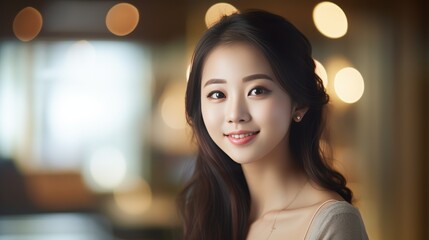 a captivating Asian woman with a captivating smile, her eyes sparkling with warmth and kindness, her elegant makeup highlighting her genuine charm.