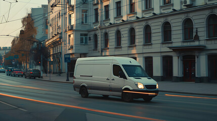 Fototapeta premium A white van driving through a historic city street lined with classic buildings. The image captures the integration of modern transportation within a traditional urban environment, highlighting the dy