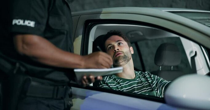 Man, traffic officer and writing with ticket in vehicle for speeding, fine or moving violation in city. Frustrated male person talking to policeman in car for criminal offense, mistake or bad driving
