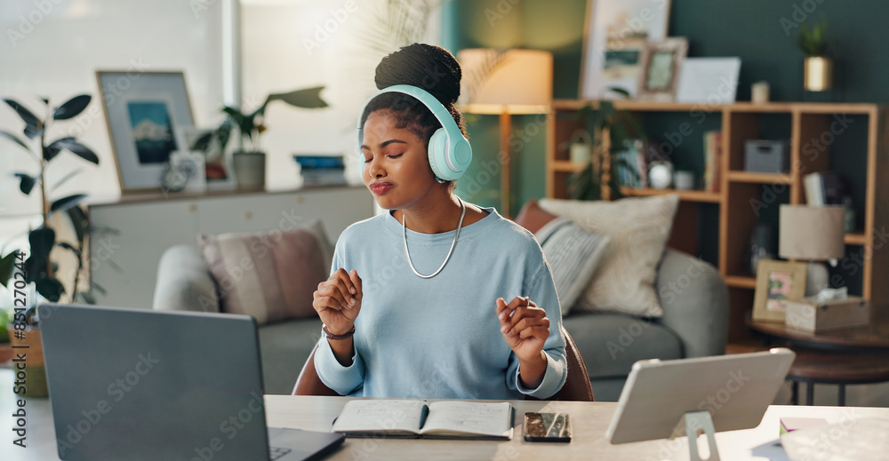 Poster Home, office and woman dance with laptop and freelance writing with music and digital article research. Planning, reading and headphones with tech and creative work for social media content at desk