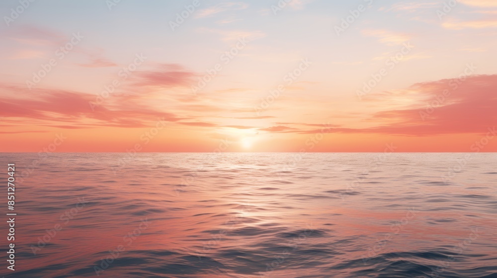 Poster serene sunset over the ocean, with the sky reflecting the soft hues of the setting sun, creating a t
