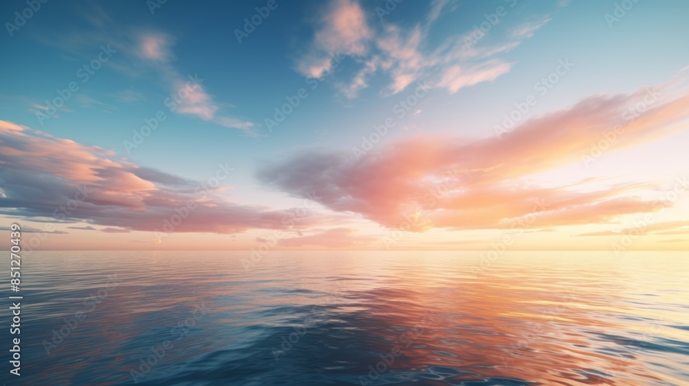 Poster serene sunset over the ocean, with the sky reflecting the soft hues of the setting sun, creating a t